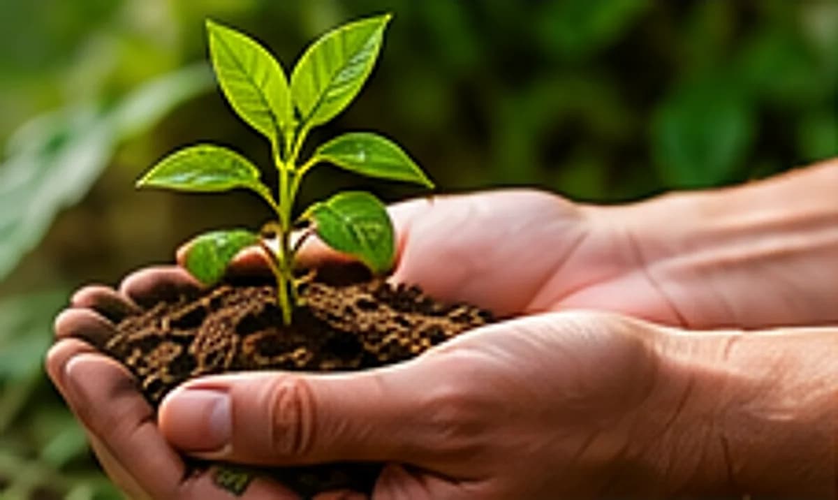 Hands holding a young plant in fresh soil